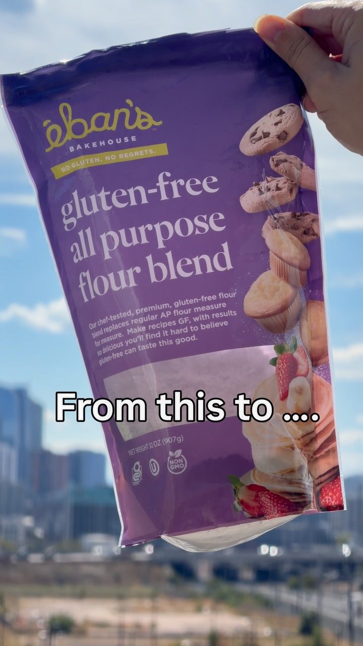 Bag of Eban's Bakehouse gluten-free all purpose flour held up against the Denver skyline